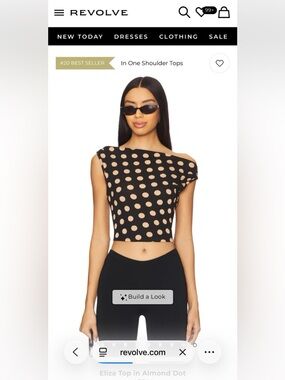 AFRM Asymmetrical Black Crop Top with Beige Polka Dots